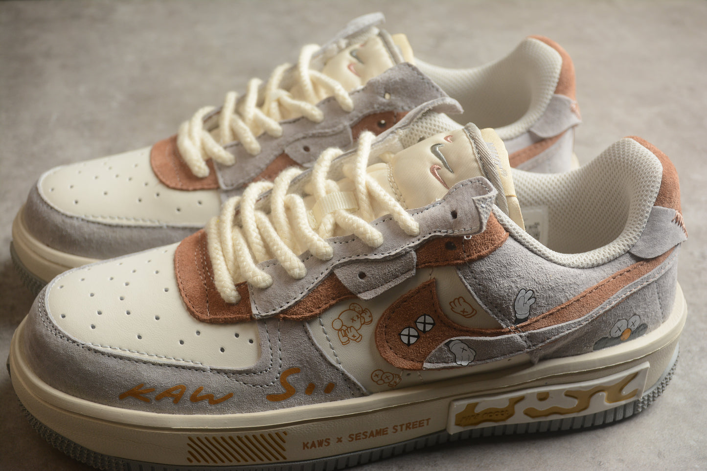 Custom Nike Air Force 1 x KAWS x Sesame Street – Beige/Grey