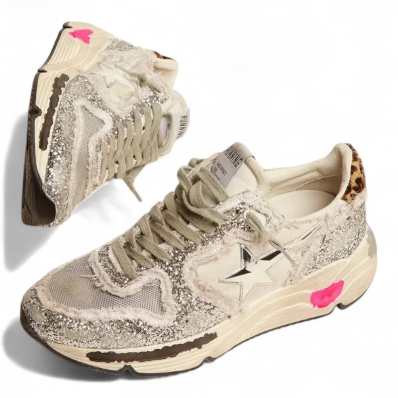 Running Sole sneakers in nylon and silver glitter with leopard-print pony skin heel tab - Best Reps Website 2025