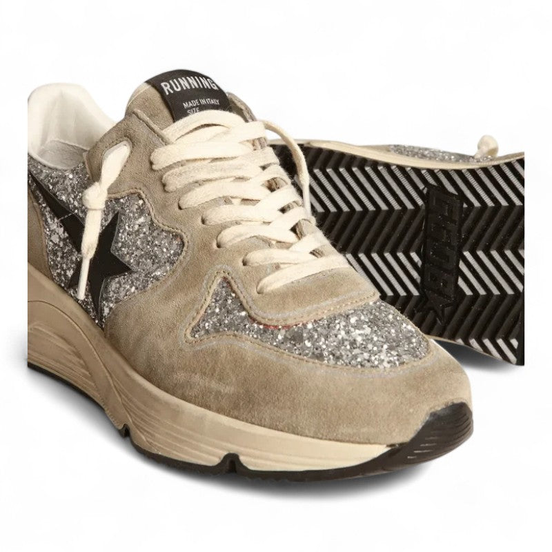 Running Sole sneakers in silver glitter and dove-gray suede with black leather star - Best Reps Website 2025