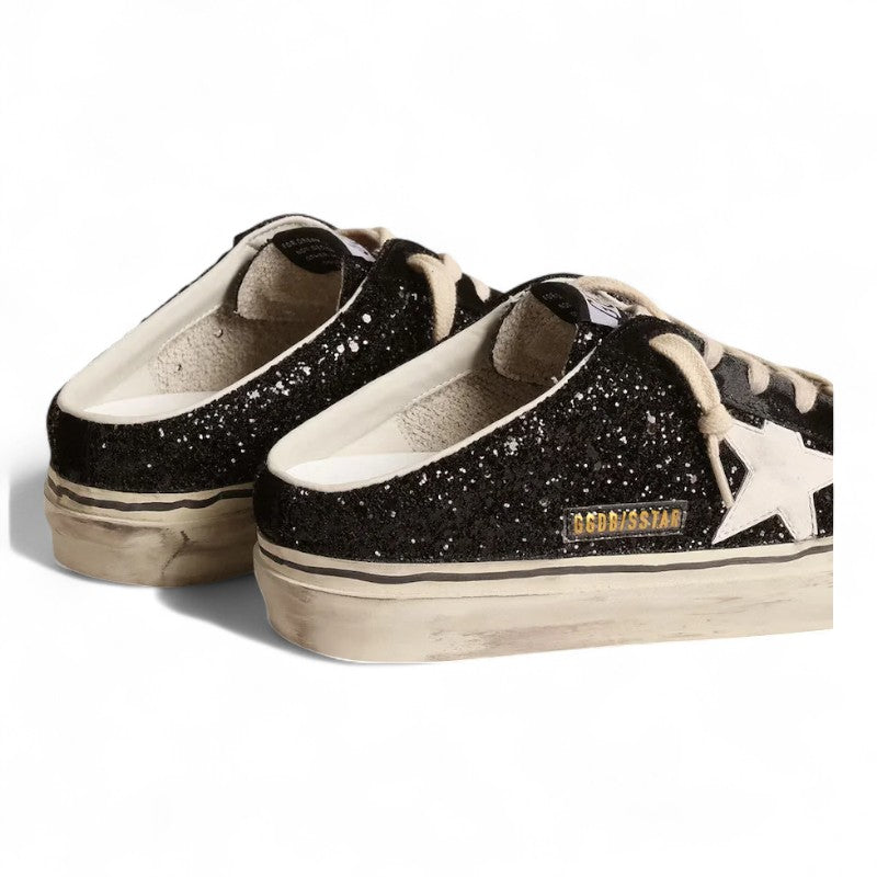 Super-Star Sabots in black glitter with a white bio-based star detail - Best Reps Website 2025