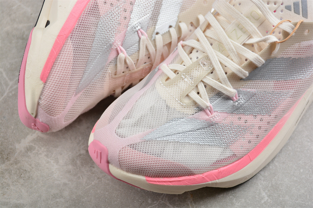 adidas Adizero Adios Pro 3 in Chalk White, Silver Metallic, and Clear Pink