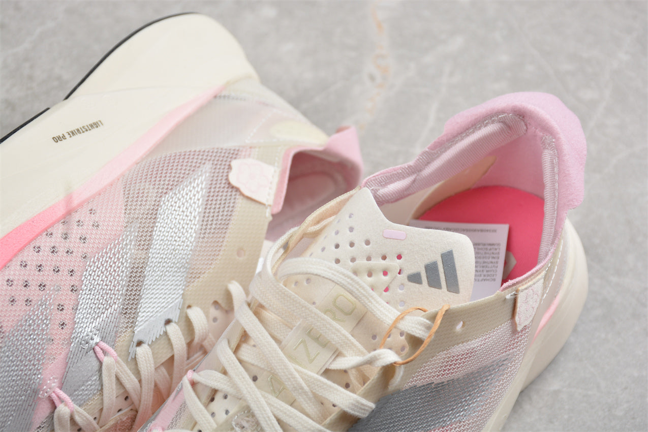 adidas Adizero Adios Pro 3 in Chalk White, Silver Metallic, and Clear Pink