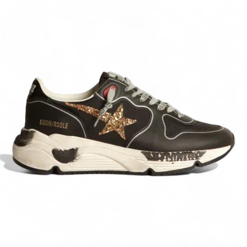 Black Running Sole sneakers with glittery gold star
