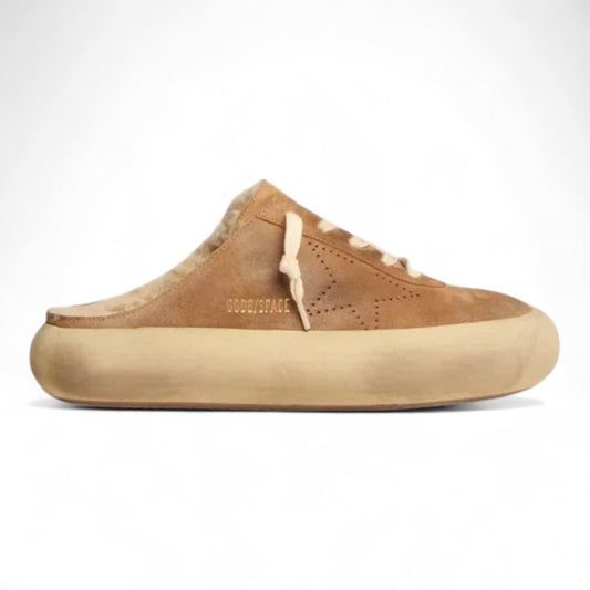 Space-Star Sabot shoes in tobacco-colored suede with shearling lining