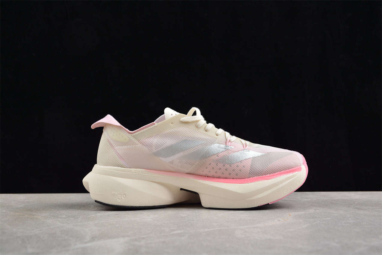 adidas Adizero Adios Pro 3 in Chalk White, Silver Metallic, and Clear Pink