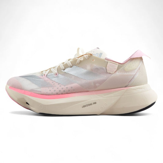adidas Adizero Adios Pro 3 in Chalk White, Silver Metallic, and Clear Pink