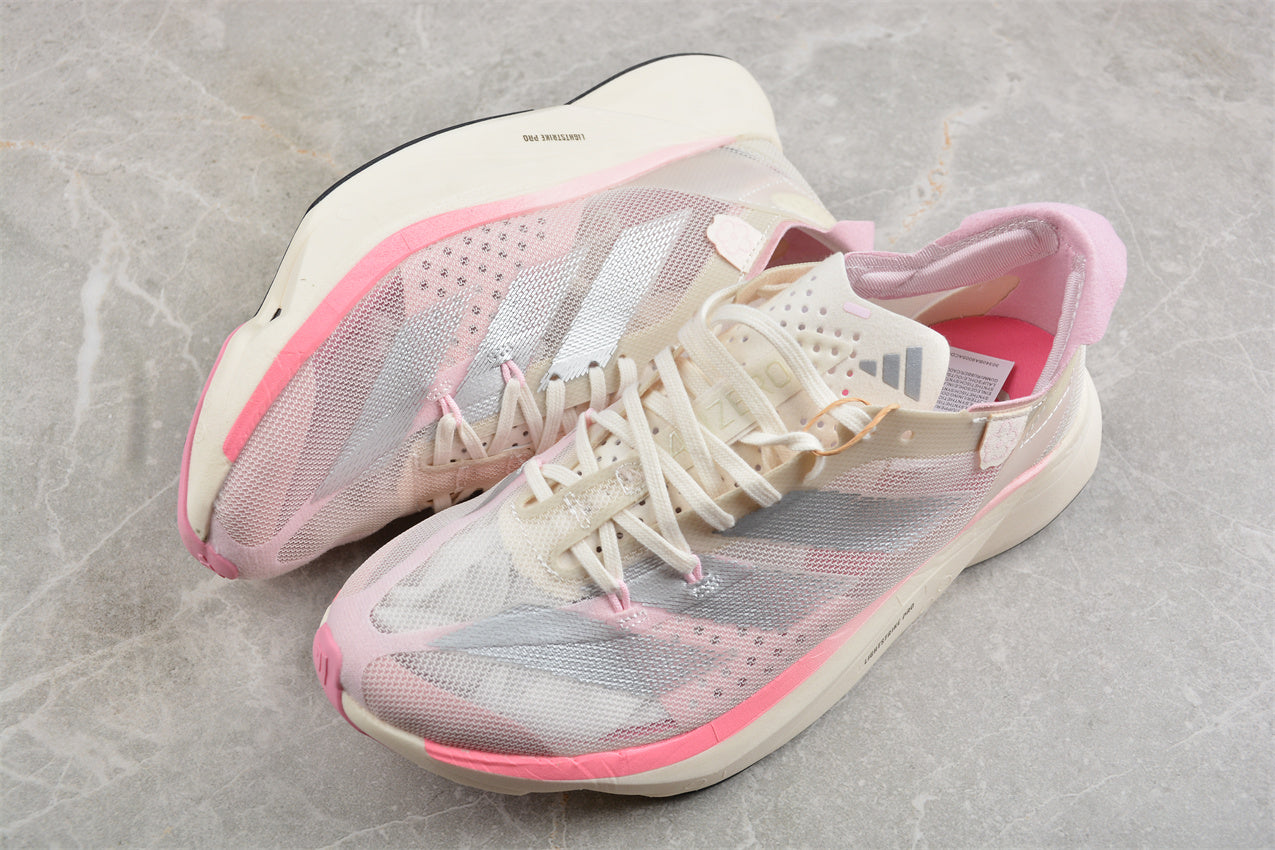 adidas Adizero Adios Pro 3 in Chalk White, Silver Metallic, and Clear Pink