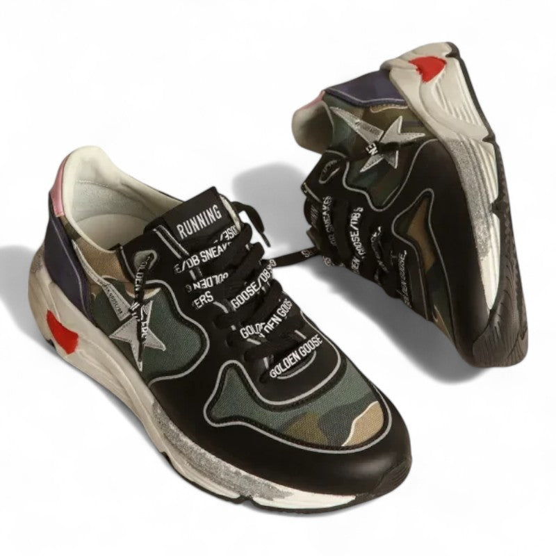 Running Sole sneakers in camouflage canvas with silver laminated leather star and baby-pink leather