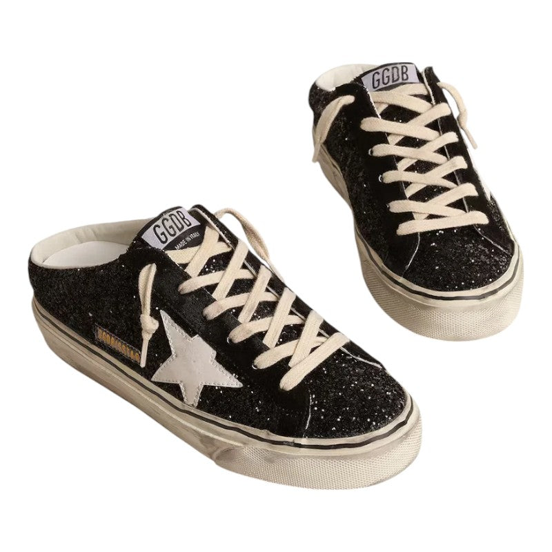 Super-Star Sabots in black glitter with a white bio-based star detail - Best Reps Website 2025