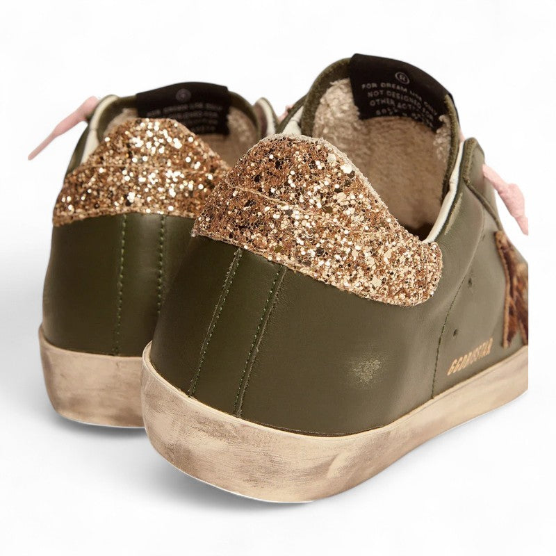 The Super-Star sneakers in dark green leather with a gold glitter heel tab - Best Reps Website 2025