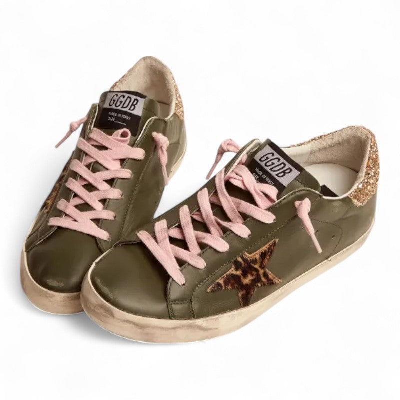 The Super-Star sneakers in dark green leather with a gold glitter heel tab - Best Reps Website 2025